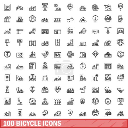 Illustration for 100 bicycle icons set. Outline illustration of 100 bicycle icons vector set isolated on white background - Royalty Free Image