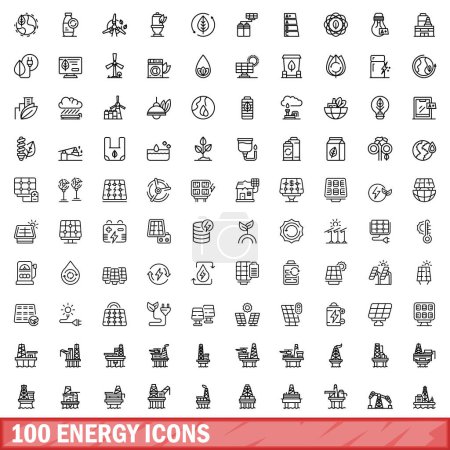 Ilustración de 100 iconos de energía configurados. Esquema ilustración de 100 iconos de energía vector conjunto aislado sobre fondo blanco - Imagen libre de derechos