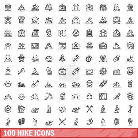Téléchargez les illustrations : Ensemble de 100 icônes de randonnée. Illustration de l'ensemble vectoriel de 100 icônes de randonnée isolées sur fond blanc - en licence libre de droit