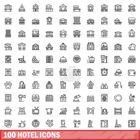 Téléchargez les illustrations : Ensemble de 100 icônes de l'hôtel. Illustration schématique de 100 icônes de l'hôtel ensemble vectoriel isolé sur fond blanc - en licence libre de droit