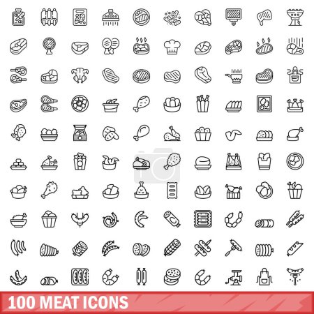 100 Fleischsymbole gesetzt. Umriss Illustration von 100 Fleisch Symbole Vektor gesetzt isoliert auf weißem Hintergrund