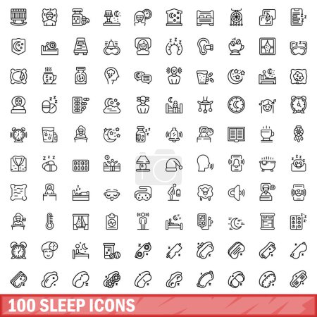 Téléchargez les illustrations : Ensemble de 100 icônes de sommeil. Illustration schématique de 100 icônes de sommeil ensemble vectoriel isolé sur fond blanc - en licence libre de droit