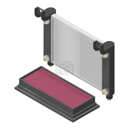 Illustration for Interchangeable part icon isometric vector. New car air filter and radiator icon. Automotive spare part - Royalty Free Image