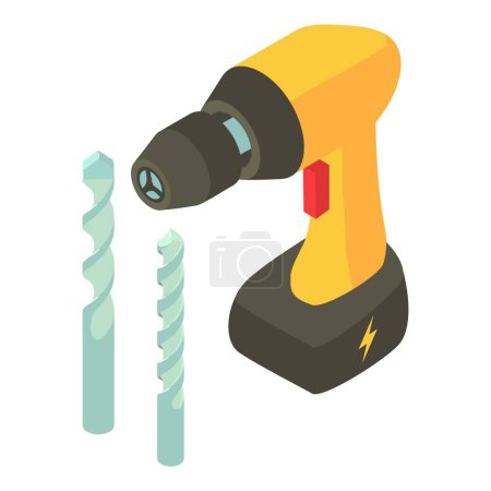 Illustration for Electric screwdriver icon isometric vector. Yellow screwdriver, metal drill bit. Electric tool, construction and repair work - Royalty Free Image