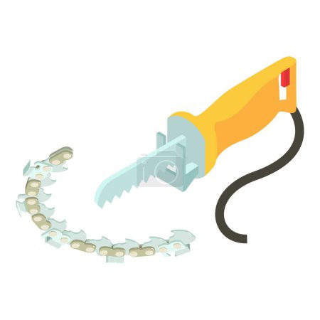 Illustration for Reciprocating saw icon isometric vector. Yellow electric saw and chain sawblade. Power tool, construction and repair work - Royalty Free Image