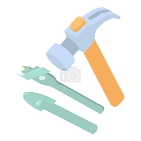 Ilustración de Icono de herramienta de reparación vector isométrico. Martillo, broca ajustable, broca de cristal. Trabajos de mano de herramientas, construcción y reparación - Imagen libre de derechos