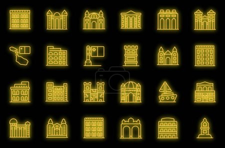 Ilustración de Malta iconos conjunto contorno vector. Edificio de arquitectura. Landmark skyline neón color en negro - Imagen libre de derechos