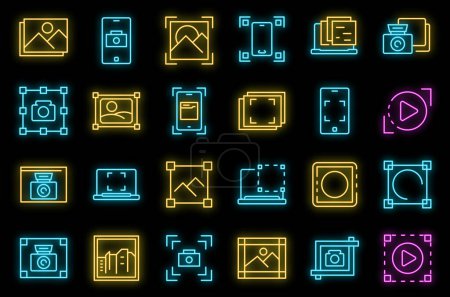 Illustration for Screenshot icons set outline vector. Take app. Button camera neon color on black - Royalty Free Image