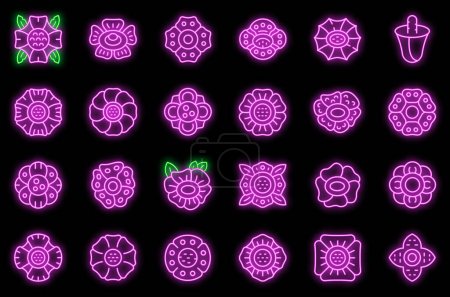 Ilustración de Los iconos de Rafflesia establecen el vector de contorno. Florecen las flores. asiático belleza neón color en negro - Imagen libre de derechos