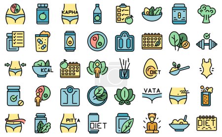 Illustration for Ayurvedic diet icons set outline vector. Food eating. Cooking alternative color flat isolated - Royalty Free Image