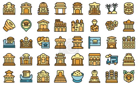 Ilustración de Los iconos de Camboya establecen el vector de contorno. Arquitectura asiática. Traje mapa color plano aislado - Imagen libre de derechos