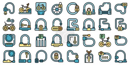 Illustration for Cycling lock icons set outline vector. Smart bike. Lock bicycle color flat isolated - Royalty Free Image