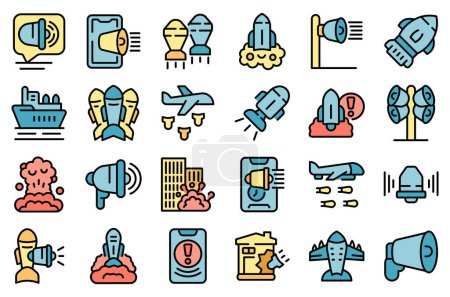 Air Raid icons set outline vector. War bomb. Attack hit color flat isolated