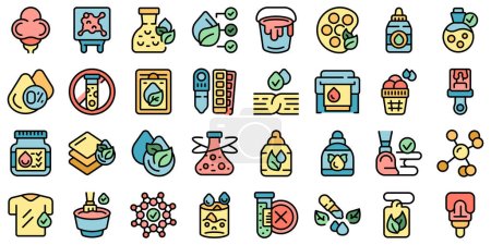 Illustration for Natural dyes icons set outline vector. Tie ideas. Spiral batik thin line color flat on white - Royalty Free Image