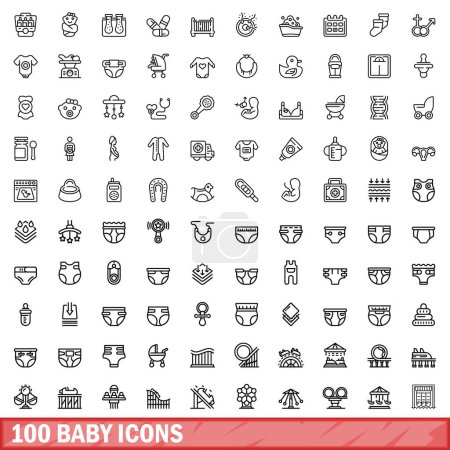 Téléchargez les illustrations : Ensemble de 100 icônes de bébé. Illustration schématique de 100 jeux de vecteurs d'icônes de bébé isolés sur fond blanc - en licence libre de droit