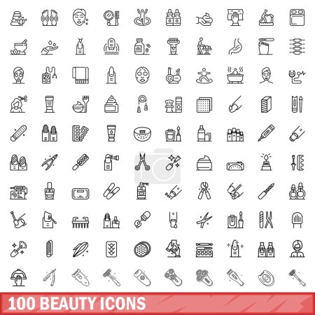 100 Beauty-Ikonen gesetzt. Umriss Illustration von 100 Beauty Icons Vektor gesetzt isoliert auf weißem Hintergrund