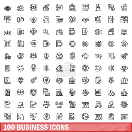 Téléchargez les illustrations : Ensemble de 100 icônes d'affaires. Illustration schématique de 100 vecteurs d'icônes d'entreprise isolés sur fond blanc - en licence libre de droit