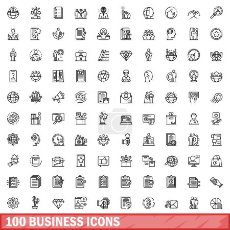 Téléchargez les illustrations : Ensemble de 100 icônes d'affaires. Illustration schématique de 100 vecteurs d'icônes d'entreprise isolés sur fond blanc - en licence libre de droit
