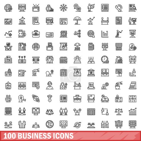 Ilustración de 100 iconos de negocios. Esquema ilustración de 100 iconos de negocios conjunto de vectores aislados sobre fondo blanco - Imagen libre de derechos
