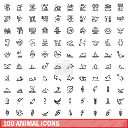 Téléchargez les illustrations : Ensemble de 100 icônes animales. Illustration schématique de 100 vecteurs d'icônes animales isolés sur fond blanc - en licence libre de droit