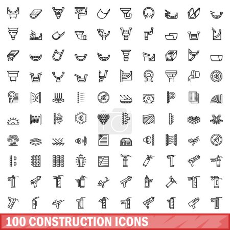 Téléchargez les illustrations : Ensemble de 100 icônes de construction. Illustration schématique de 100 icônes vectorielles de construction isolées sur fond blanc - en licence libre de droit