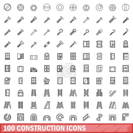 100 iconos de construcción establecidos. Esquema ilustración de 100 iconos de construcción vector conjunto aislado sobre fondo blanco
