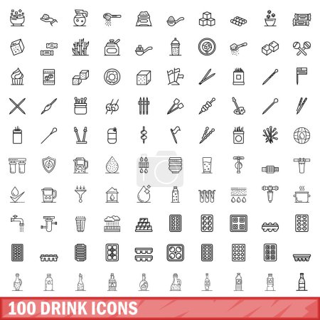 Téléchargez les illustrations : Ensemble de 100 icônes de boisson. Illustration schématique de 100 icônes de boisson ensemble vectoriel isolé sur fond blanc - en licence libre de droit