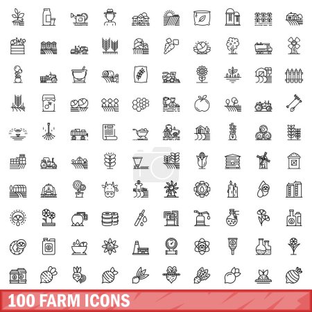 100 iconos de granja establecidos. Esquema ilustración de 100 iconos de granja vector conjunto aislado sobre fondo blanco