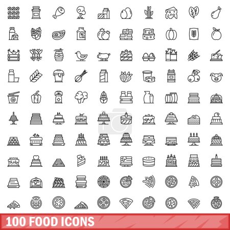 Ilustración de 100 iconos de comida listos. Esquema ilustración de 100 iconos de alimentos vector conjunto aislado sobre fondo blanco - Imagen libre de derechos