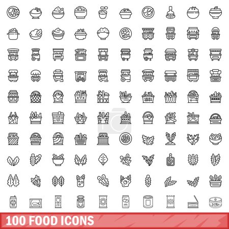 100 Lebensmittel-Ikonen gesetzt. Umriss Illustration von 100 Lebensmittel-Symbole Vektor gesetzt isoliert auf weißem Hintergrund