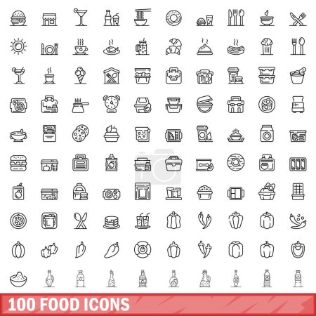 Ilustración de 100 iconos de comida listos. Esquema ilustración de 100 iconos de alimentos vector conjunto aislado sobre fondo blanco - Imagen libre de derechos