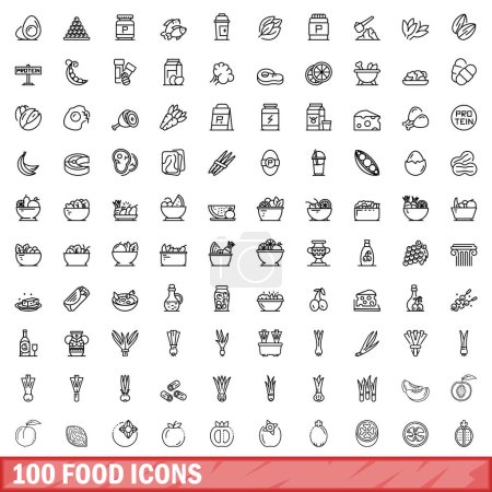 Téléchargez les illustrations : Ensemble de 100 icônes alimentaires. Illustration schématique de 100 vecteurs d'icônes alimentaires isolés sur fond blanc - en licence libre de droit