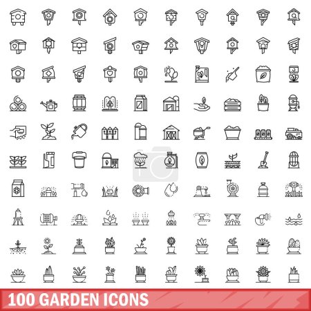 Téléchargez les illustrations : Ensemble de 100 icônes de jardin. Illustration schématique de 100 icônes de jardin ensemble vectoriel isolé sur fond blanc - en licence libre de droit