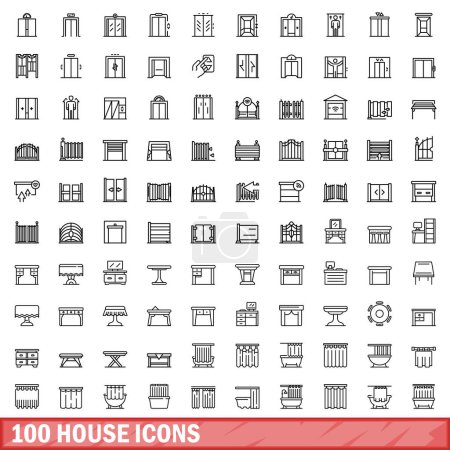 Téléchargez les illustrations : Ensemble de 100 icônes de maison. Illustration schématique de 100 icônes de maison ensemble vectoriel isolé sur fond blanc - en licence libre de droit