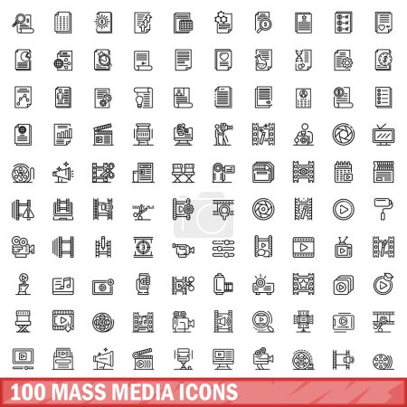 Illustration for 100 mass media icons set. Outline illustration of 100 mass media icons vector set isolated on white background - Royalty Free Image