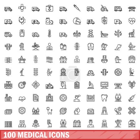 Ilustración de 100 iconos médicos. Esquema ilustración de 100 iconos médicos vector conjunto aislado sobre fondo blanco - Imagen libre de derechos
