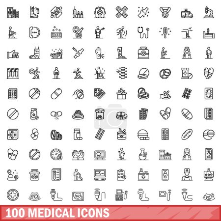 100 medizinische Symbole gesetzt. Umriss Illustration von 100 medizinischen Symbolen Vektor gesetzt isoliert auf weißem Hintergrund