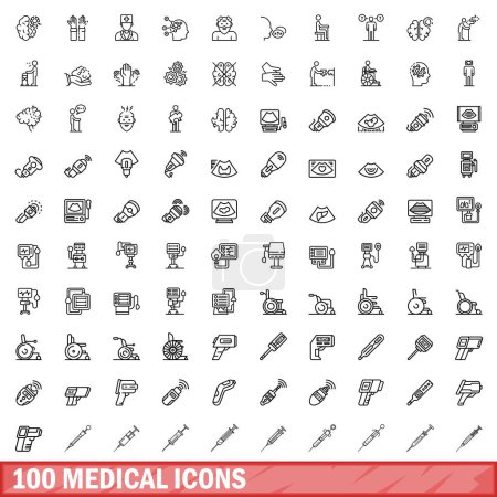 Téléchargez les illustrations : Ensemble de 100 icônes médicales. Illustration schématique de 100 icônes médicales ensemble vectoriel isolé sur fond blanc - en licence libre de droit