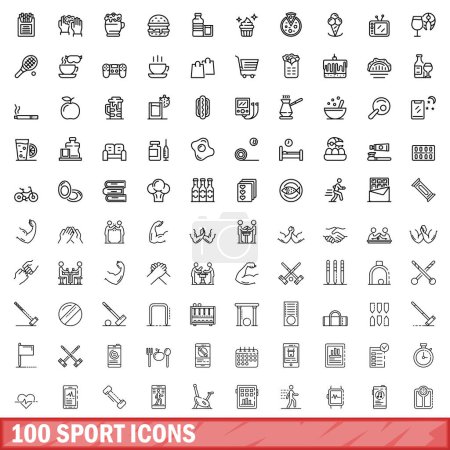 Téléchargez les illustrations : Ensemble de 100 icônes sportives. Illustration schématique de 100 icônes sportives ensemble vectoriel isolé sur fond blanc - en licence libre de droit