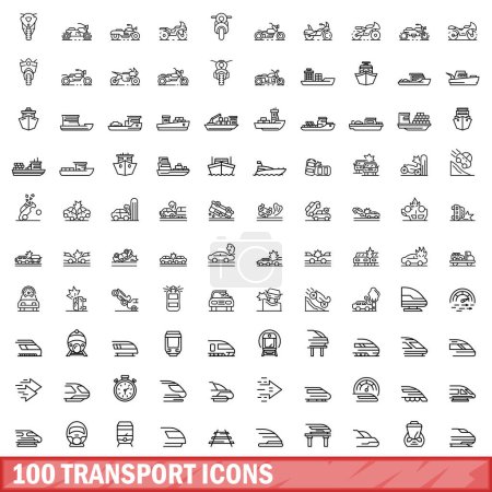 Téléchargez les illustrations : Ensemble de 100 icônes de transport. Illustration schématique de 100 vecteurs d'icônes de transport isolés sur fond blanc - en licence libre de droit