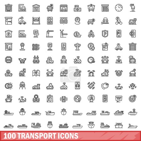 Ensemble de 100 icônes de transport. Illustration schématique de 100 vecteurs d'icônes de transport isolés sur fond blanc