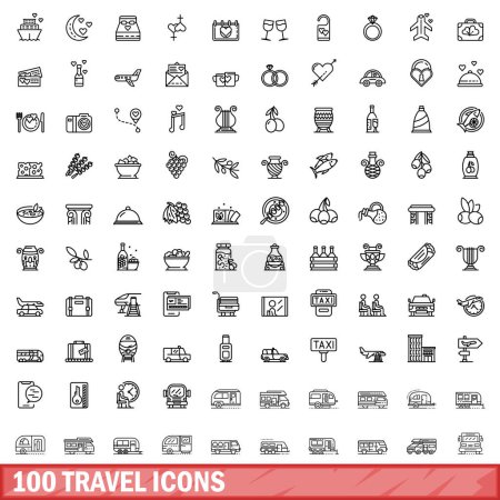 Ilustración de 100 iconos de viaje. Esquema ilustración de 100 iconos de viaje vector conjunto aislado sobre fondo blanco - Imagen libre de derechos