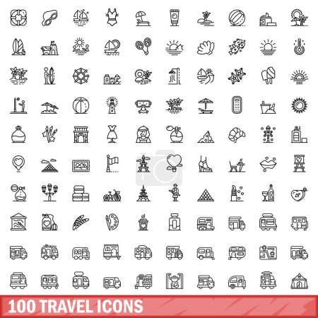 Illustration for 100 travel icons set. Outline illustration of 100 travel icons vector set isolated on white background - Royalty Free Image