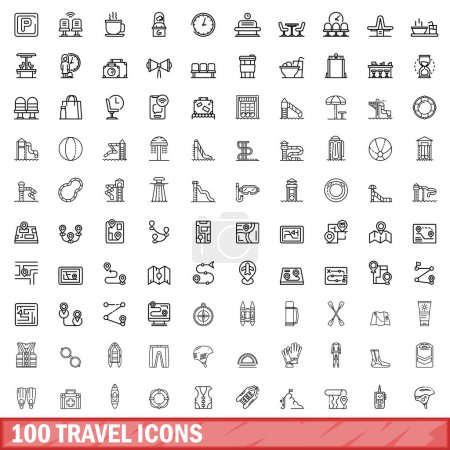 Ilustración de 100 iconos de viaje. Esquema ilustración de 100 iconos de viaje vector conjunto aislado sobre fondo blanco - Imagen libre de derechos