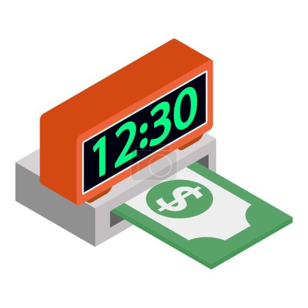 Ilustración de Icono de tiempo de dinero vector isométrico. Reloj electrónico moderno e icono del billete de dólar. Tiempo, finanzas, dinero, ingresos - Imagen libre de derechos
