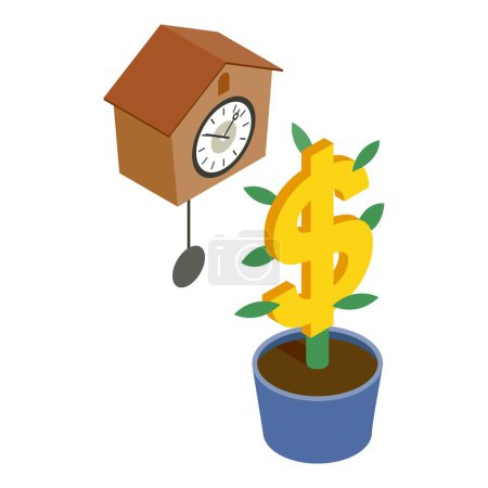 Illustration for Financial investment icon isometric vector. Clock and dollar sign in flower pot. Finance, business, investment - Royalty Free Image