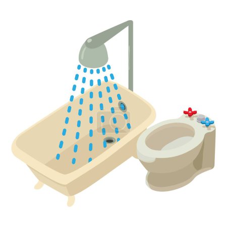 Ilustración de Icono de fontanería vector isométrico. Bañera con ducha de agua corriente y bidet icono. Cuarto de baño, interior, equipo - Imagen libre de derechos