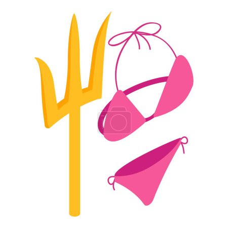Ilustración de Mar icono de vacaciones vector isométrico. Mujer traje de baño rosa y poseidon tridente icono. Accesorio de verano, símbolo de la mitología, vacaciones marinas - Imagen libre de derechos