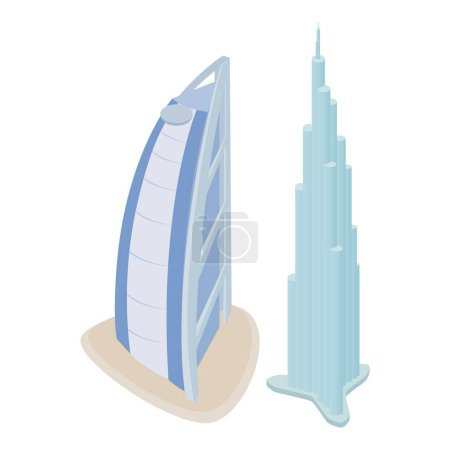 Illustration for Dubai landmark icon isometric vector. Burj khalifa building, burj al arab hotel. World famous attraction of united arab emirates, modern architecture - Royalty Free Image