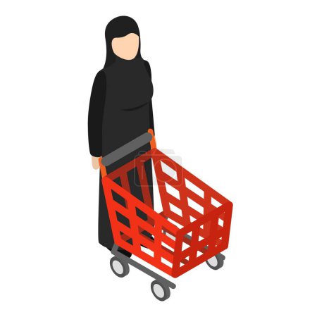 Illustration for Dubai shopping icon isometric vector. Muslim woman wearing abaya, red shop cart. Offline shopping, retail concept - Royalty Free Image